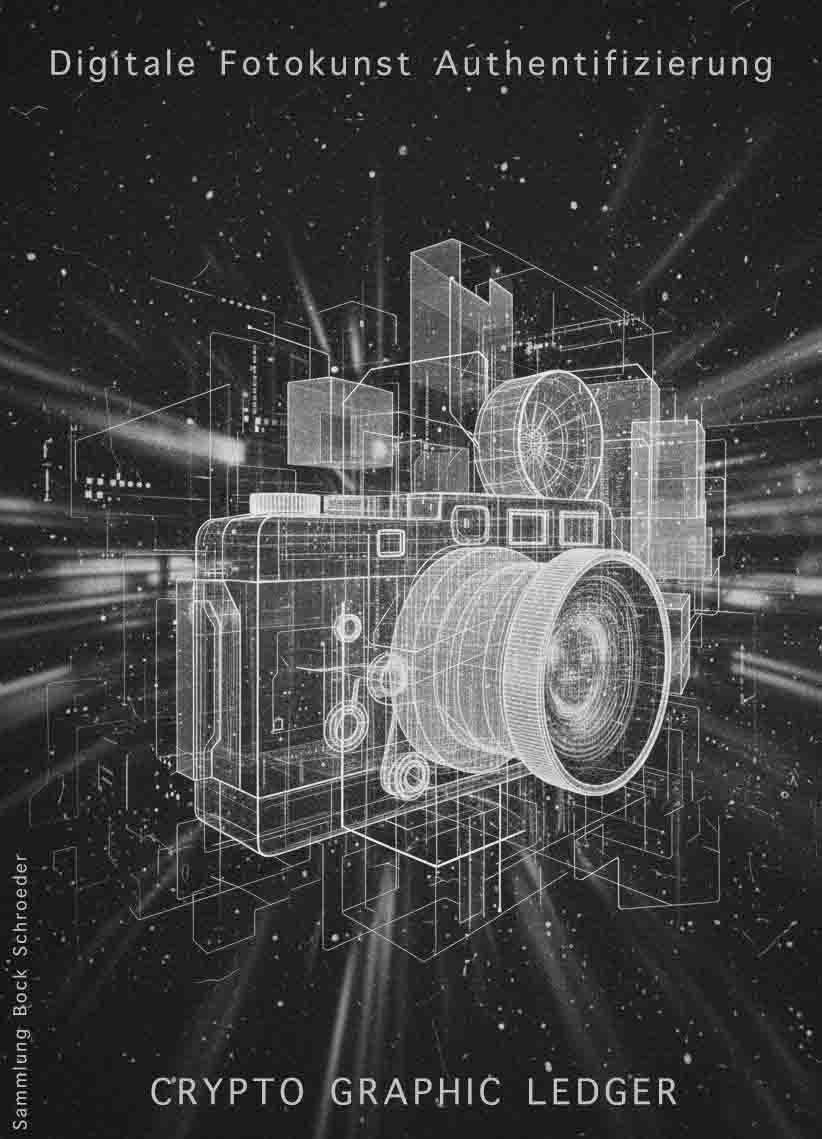 Digitale Fotokunst Authentifizierung Eine Schwarz-Weiß-Illustration zeigt eine Drahtgitter-Zeichnung einer digitalen Spiegelreflexkamera, die von einem komplexen Netzwerk aus geometrischen Formen, Linien und leuchtenden Punkten umgeben ist.