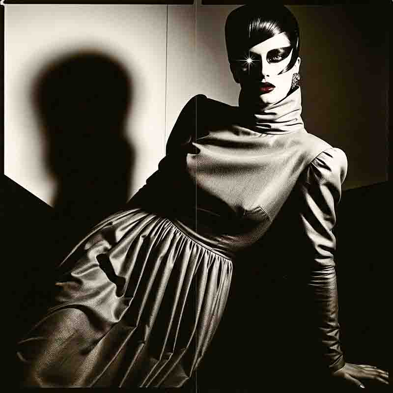 Ein hochkontrastreiches, sepiafarbenes oder Schwarz-Weiß-Porträt einer Frau im Glamour-Stil, die auf einem dunklen Untergrund lehnt und in die Kamera blickt.